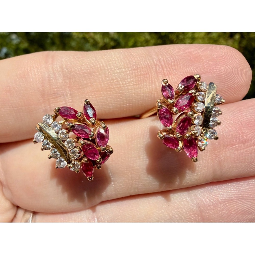 Vintage 14k Solid Gold Natural Marque Ruby & Round Diamond Earrings Pave Cluster